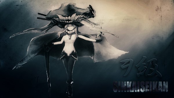 Anime picture 1920x1080 with kantai collection wo-class aircraft carrier abchipika single long hair looking at viewer highres wide image grey hair inscription teeth wallpaper covered navel pale skin shinkaisei-kan girl gloves black gloves cape bodysuit