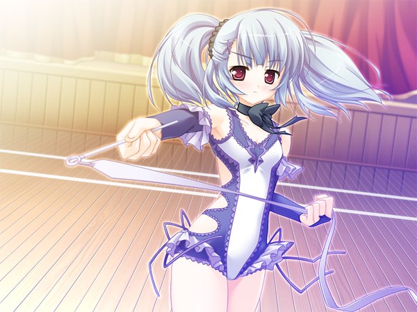 Anime picture 1200x900 with gakuto (game) red eyes twintails game cg grey hair girl ribbon (ribbons)