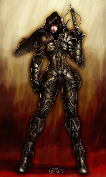 Anime picture 600x1000 with diablo (game) blizzard entertainment evilflesh (artist) single tall image looking at viewer red eyes girl gloves weapon shoes armor hood crossbow