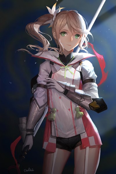 Anime picture 709x1063 with tales of (series) tales of zestiria alisha (tales) swd3e2 single long hair tall image looking at viewer fringe simple background blonde hair hair between eyes standing holding green eyes signed light smile shadow lens flare side ponytail