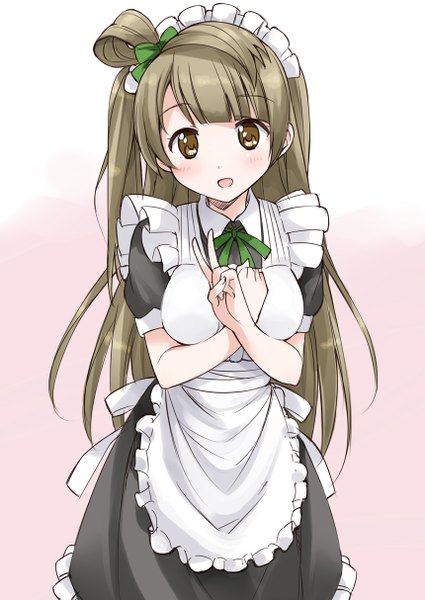 Anime picture 860x1214 with love live! school idol project sunrise (studio) love live! minami kotori mousou (mousou temporary) single long hair tall image looking at viewer blush open mouth simple background brown hair brown eyes maid one side up victory pink background girl headdress
