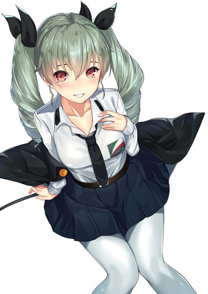 Anime picture 1265x1789 with girls und panzer anchovy (girls und panzer) kagematsuri single long hair tall image looking at viewer smile red eyes white background twintails grey hair drill hair girl skirt bow hair bow miniskirt shirt necktie