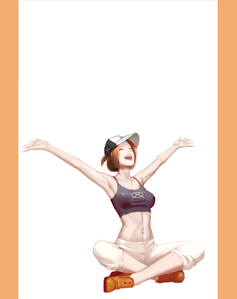 Anime picture 700x884 with original sdr single tall image short hair open mouth simple background brown hair white background sitting bare shoulders bent knee (knees) ponytail eyes closed arm up teeth midriff crossed legs outstretched arm happy