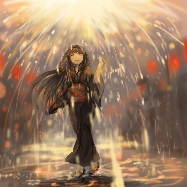 Anime picture 884x885 with mahou shoujo madoka magica shaft (studio) akemi homura wttwj single long hair tall image fringe open mouth black hair full body traditional clothes japanese clothes wide sleeves sparkle tears looking up walking fireworks girl