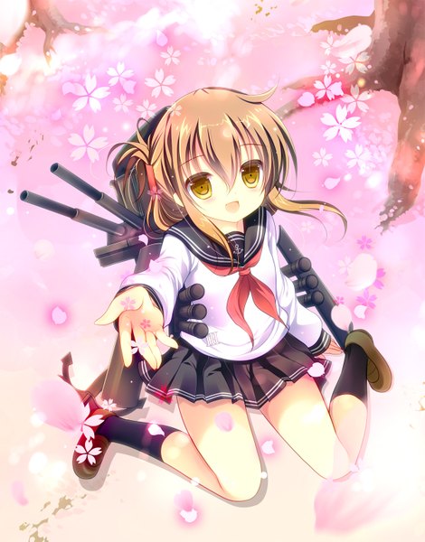 Anime picture 1200x1531 with kantai collection inazuma destroyer shirogane hina single tall image short hair open mouth brown hair yellow eyes cherry blossoms folded ponytail girl flower (flowers) weapon plant (plants) petals tree (trees) socks black socks sailor suit