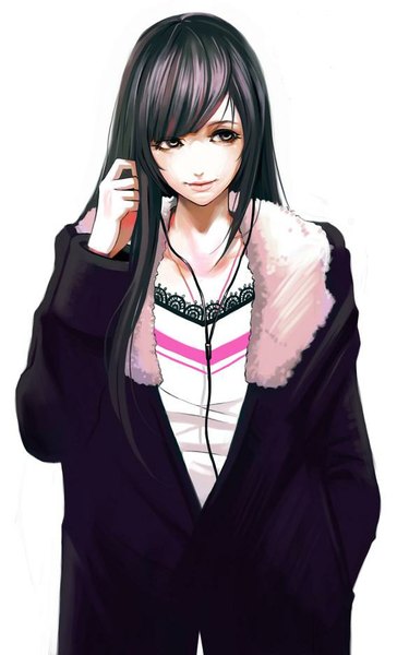 Anime picture 568x936 with dantewontdie single long hair tall image fringe black hair simple background smile standing white background looking away open clothes open jacket grey eyes hand in pocket hand on headphones girl jacket headphones fur