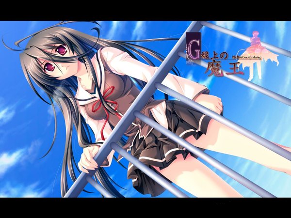 Anime picture 1280x960 with g senjou no maou single long hair looking at viewer fringe black hair hair between eyes red eyes standing game cg sky cloud (clouds) pleated skirt wind dutch angle copyright name girl skirt uniform school uniform