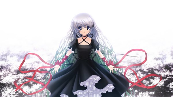 Anime picture 1280x720 with rewrite kagari (rewrite) single long hair wide image purple eyes game cg white hair girl dress ribbon (ribbons) black dress
