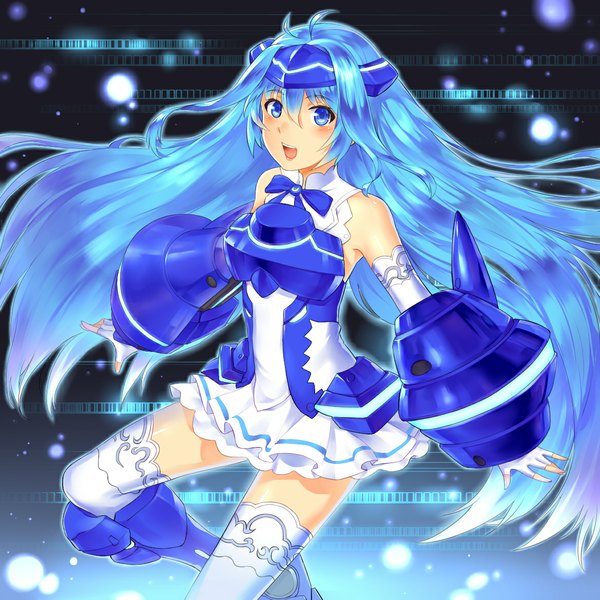 Anime picture 1169x1169 with vividred operation vividblue suika01 single long hair looking at viewer blush open mouth blue eyes blue hair girl thighhighs dress detached sleeves white thighhighs