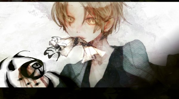 Anime picture 1222x681 with natsume yuujinchou brains base (studio) natsume takashi kashi uma single short hair brown hair wide image yellow eyes mouth hold boy paper