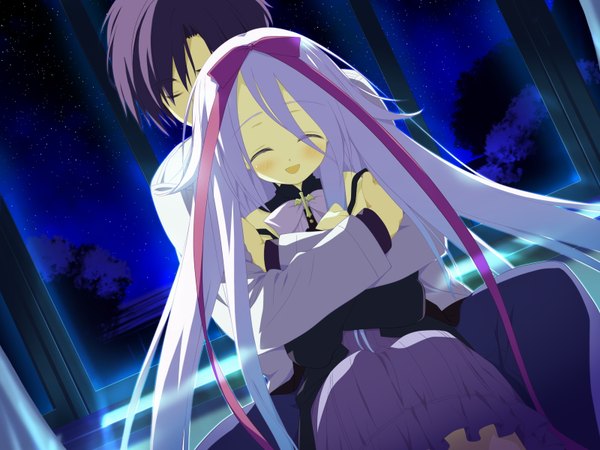 Anime picture 1600x1200 with hoshizora no memoria mare s ephemeral shida kazuhiro long hair blush short hair open mouth black hair sitting bare shoulders game cg white hair indoors eyes closed night loli couple hug ^ ^ hug from behind