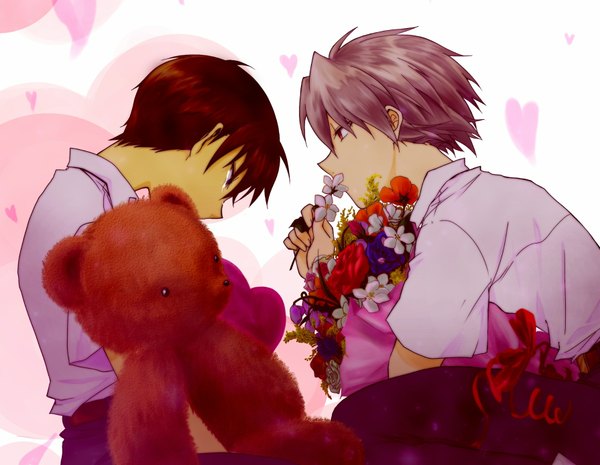 Anime picture 1790x1390 with neon genesis evangelion gainax ikari shinji nagisa kaworu my (pixiv) highres short hair red eyes brown hair purple hair profile tears boy flower (flowers) shirt heart toy stuffed animal bouquet teddy bear