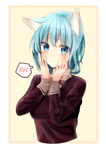 Anime picture 2893x4092 with original suke single tall image blush highres short hair blue eyes simple background animal ears looking away upper body cat ears aqua hair border yellow background hands on face girl speech bubble