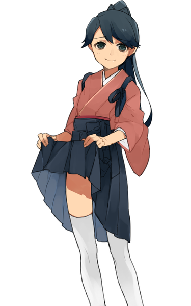 Anime picture 500x800 with kantai collection houshou light aircraft carrier hita (hitapita) single long hair tall image looking at viewer light erotic black hair smile ponytail traditional clothes japanese clothes black eyes skirt lift girl thighhighs skirt white thighhighs tasuki