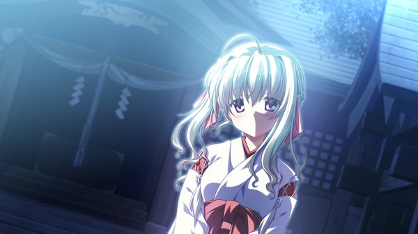 Anime picture 1280x720 with supipara nanao naru long hair wide image purple eyes game cg white hair traditional clothes japanese clothes miko girl
