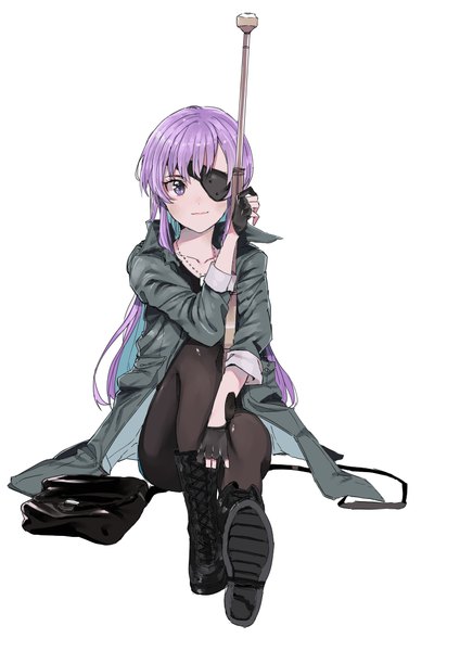 Anime picture 800x1131 with mirai nikki uryuu minene pinch (nesume) single long hair tall image looking at viewer simple background white background sitting purple eyes purple hair full body bent knee (knees) light smile soles lacing girl gloves pantyhose