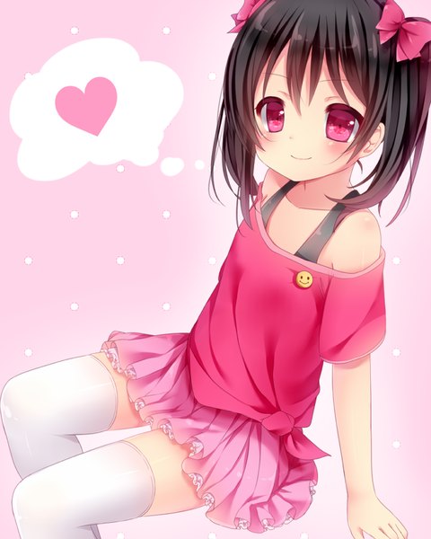 Anime picture 722x902 with love live! school idol project sunrise (studio) love live! yazawa nico nachi single tall image looking at viewer blush short hair black hair smile sitting bare shoulders braid (braids) pleated skirt pink eyes leaning twin braids hands behind back
