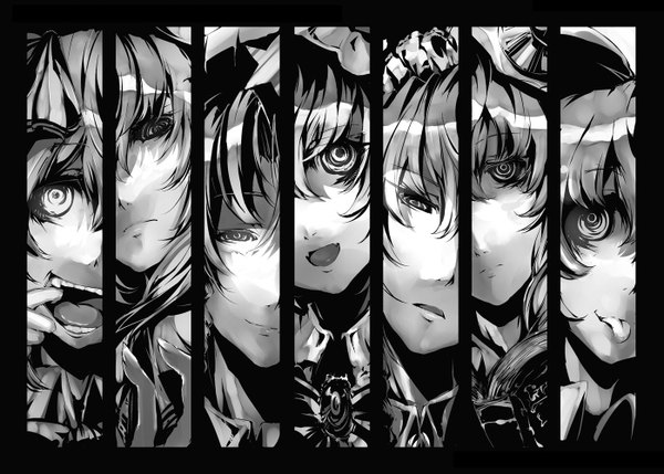 Anime picture 1398x1000 with touhou izayoi sakuya patchouli knowledge cirno hong meiling rumia neichiru long hair fringe short hair open mouth multiple girls light smile hair over one eye teeth fang (fangs) monochrome group multiview column lineup