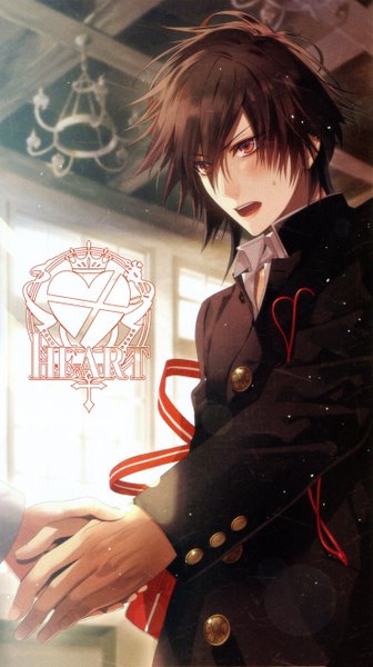 Anime picture 2943x5245 with amnesia idea factory shin (amnesia) hanamura mai single tall image blush highres short hair open mouth red eyes brown hair looking away scan official art holding hands boy uniform school uniform gakuran