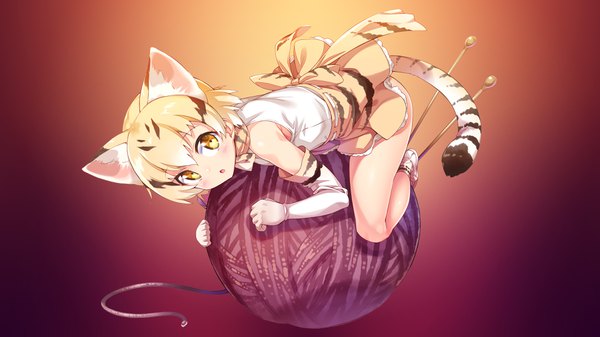 Anime picture 3840x2160 with kemono friends sand cat (kemono friends) assassinwarrior ichi makoto single looking at viewer blush fringe highres short hair light erotic simple background blonde hair hair between eyes wide image bare shoulders animal ears yellow eyes absurdres full body