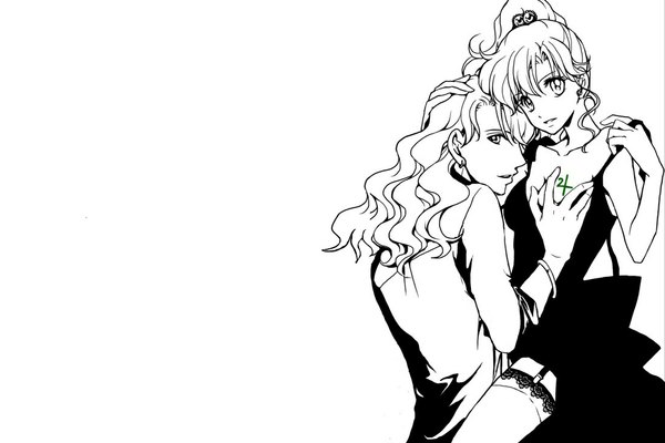 Anime picture 1100x735 with bishoujo senshi sailor moon toei animation kino makoto nephrite (sailor moon) long hair looking at viewer simple background white background white hair ponytail profile light smile tattoo sleeveless couple hug monochrome wavy hair girl thighhighs