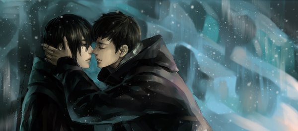 Anime picture 2000x885 with daomu (grave robbery note) kylin zhang xiao san ye yoku (liuyc) highres short hair black hair wide image eyes closed couple snowing winter siblings shounen ai almost kiss brothers boy winter clothes
