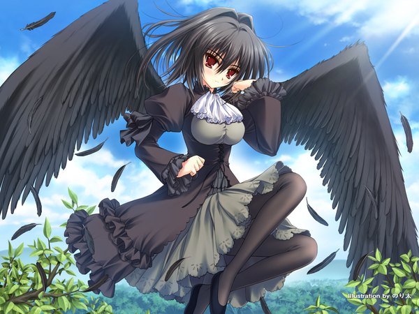 Anime picture 1600x1200 with norita single short hair black hair red eyes sunlight gothic girl dress wings black dress feather (feathers) branch