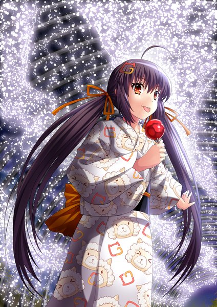 Anime picture 800x1131 with original riyun single long hair tall image black hair red eyes twintails traditional clothes japanese clothes girl ribbon (ribbons) hair ribbon food kimono obi fruit candy apple