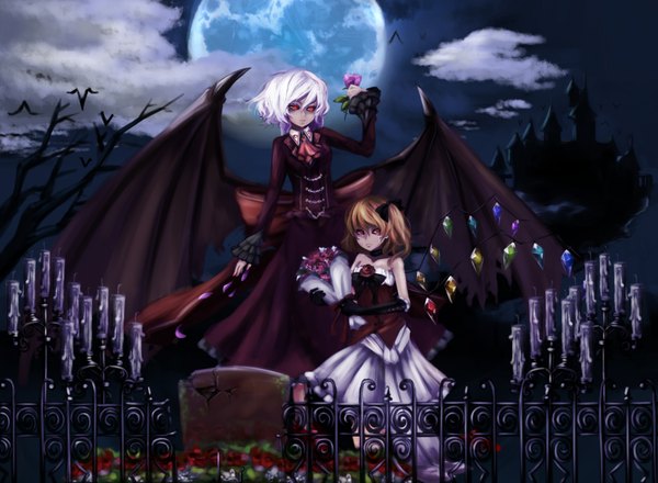 Anime picture 1724x1267 with touhou flandre scarlet remilia scarlet emerane highres short hair blonde hair red eyes multiple girls white hair night girl dress gloves flower (flowers) 2 girls wings moon full moon bouquet