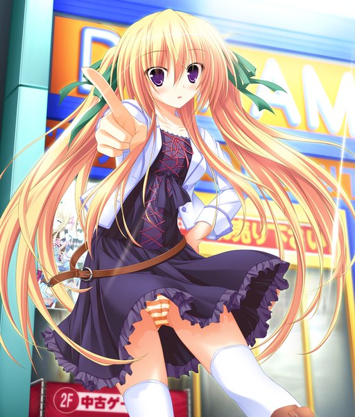 Anime picture 1024x1200 with sora to kumo to kimi no koi long hair tall image light erotic blonde hair purple eyes twintails game cg girl thighhighs dress underwear panties ribbon (ribbons) hair ribbon white thighhighs striped panties