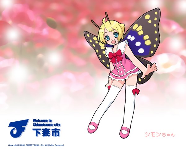 Anime picture 1280x1024 with shimotsuma shimon single looking at viewer short hair open mouth blonde hair full body :d character names insect wings butterfly wings antennae girl thighhighs dress white thighhighs wings pink dress