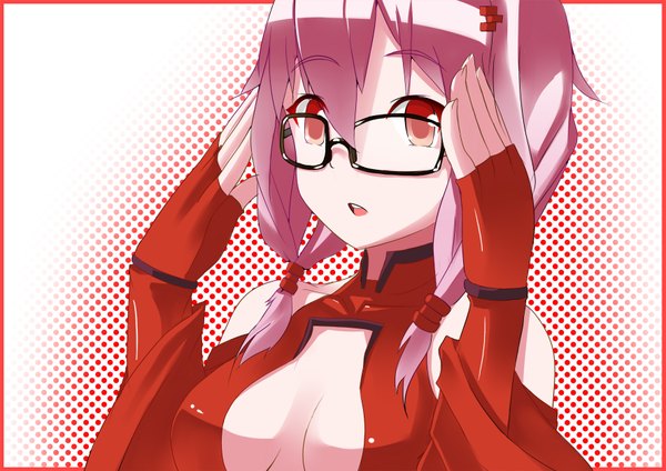 Anime picture 1771x1254 with guilty crown production i.g yuzuriha inori onikiri (artist) single long hair highres open mouth light erotic red eyes pink hair center opening bespectacled girl glasses bodysuit