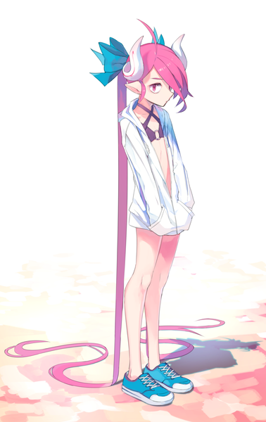 Anime picture 800x1268 with original iwato1712 single tall image looking at viewer light erotic standing white background twintails pink hair full body ahoge very long hair profile pink eyes horn (horns) pointy ears bare legs shadow flat chest