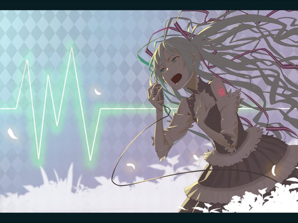 Anime picture 1973x1477 with vocaloid hatsune miku sansyokutansi long hair highres open mouth twintails green eyes grey hair rhombus singing girl ribbon (ribbons) petals microphone wire (wires)