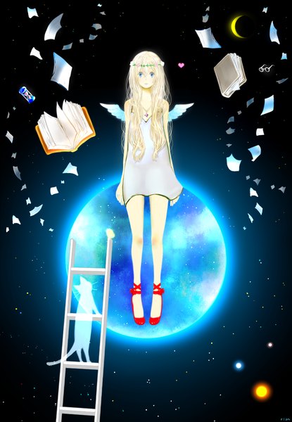 Anime picture 900x1300 with original mari (milkuro-cat) long hair tall image looking at viewer blush blue eyes blonde hair sitting looking away dark background looking up crescent space surprised girl dress animal wings glasses