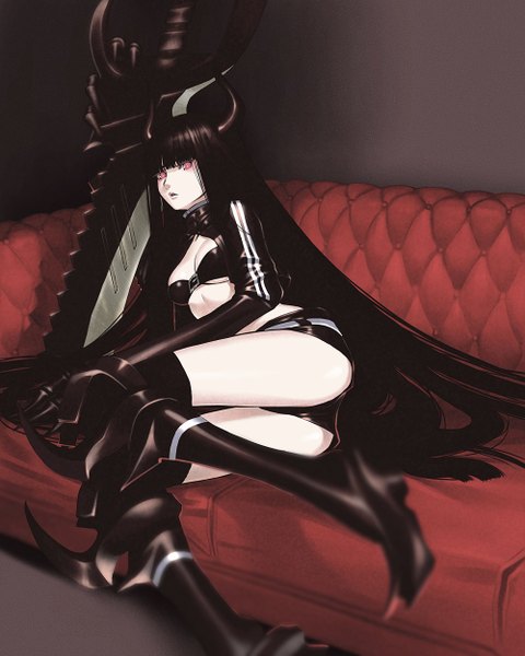 Anime picture 1000x1250 with black rock shooter black gold saw single long hair tall image looking at viewer fringe breasts light erotic black hair red eyes ass horn (horns) lips weapon shorts boots belt short shorts thigh boots