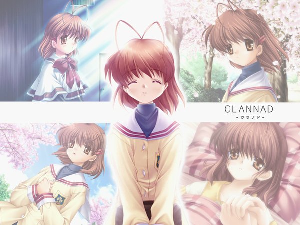 Anime picture 1400x1050 with clannad key (studio) furukawa nagisa short hair brown hair brown eyes ahoge eyes closed copyright name multiview ^ ^ girl uniform