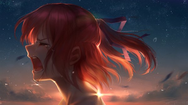 Anime picture 1300x731 with original yuket single fringe short hair open mouth wide image cloud (clouds) upper body ponytail eyes closed profile wind sunlight orange hair night teeth night sky tears evening