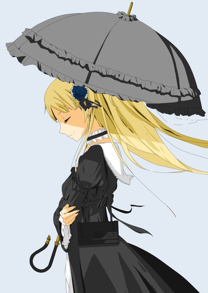 Anime picture 2492x3508 with beruru single long hair tall image fringe highres simple background blonde hair smile eyes closed long sleeves profile hair flower wind blue background lolita fashion goth-loli gothic girl dress