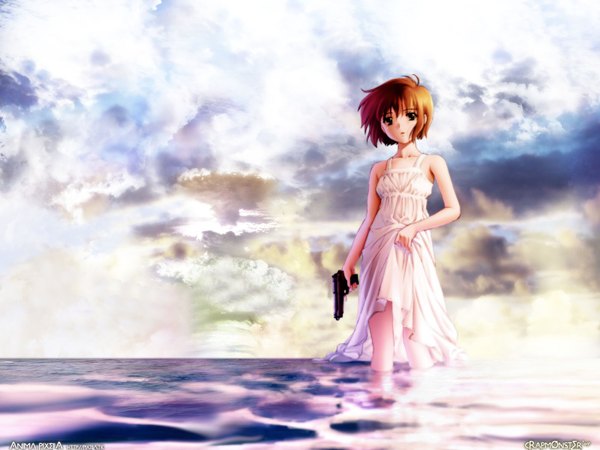 Anime picture 1600x1200 with noir yumura kirika tadano akira single looking at viewer fringe short hair brown hair standing bare shoulders holding brown eyes sky cloud (clouds) outdoors sunlight bare legs partially submerged horizon third-party edit