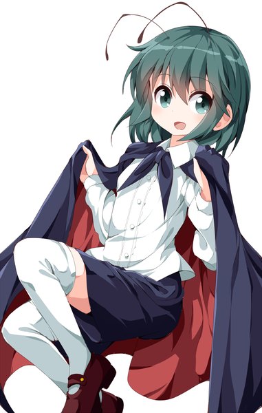 Anime picture 763x1200 with touhou wriggle nightbug ruu (tksymkw) single tall image blush fringe short hair open mouth simple background hair between eyes white background green eyes looking away bent knee (knees) green hair antennae girl thighhighs shirt
