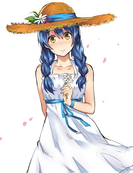 Anime picture 2550x3300 with shokugeki no soma j.c. staff tadokoro megumi teng zi single long hair tall image looking at viewer blush fringe highres simple background white background yellow eyes blue hair girl dress flower (flowers) hat white dress