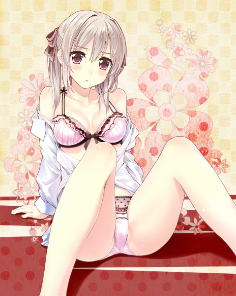 Anime picture 960x1200 with original orda single long hair tall image looking at viewer blush breasts light erotic sitting twintails ass pink eyes grey hair open clothes open shirt legs partial nude girl underwear