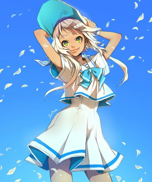 Anime picture 857x1029 with original sono (pixiv) single long hair tall image blonde hair simple background smile green eyes signed wind arm support hands on head girl hat petals bowtie
