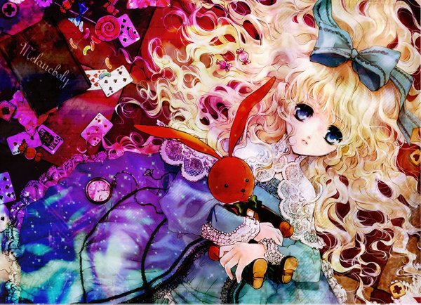 Anime picture 1400x1013 with alice in wonderland kuramoto kaya long hair blue eyes blonde hair curly hair girl bow hair bow food sweets book (books) toy stuffed animal clock bunny card (cards) pocket watch