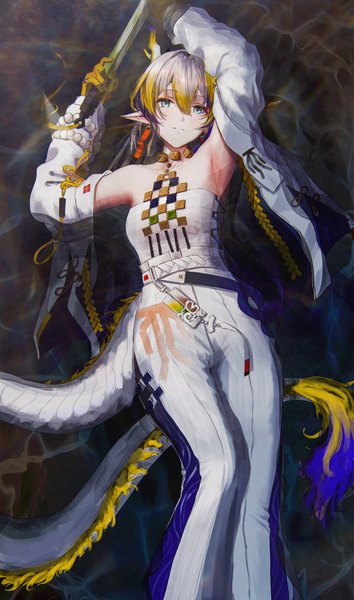 Anime picture 2300x3900 with arknights shu (arknights) ressec single long hair tall image looking at viewer highres blue eyes blonde hair silver hair tail multicolored hair horn (horns) pointy ears arms up open jacket armpit (armpits) partially submerged dragon girl