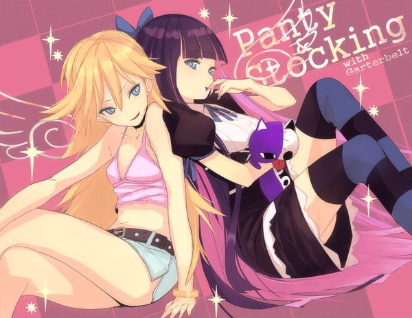 Anime picture 1000x772 with panty & stocking with garterbelt anarchy stocking anarchy panty long hair blue eyes blonde hair sitting multiple girls purple hair multicolored hair finger to mouth colored inner hair back to back girl thighhighs skirt bow 2 girls hair bow miniskirt