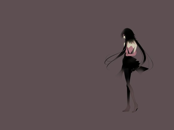 Anime picture 1280x960 with original cougar single long hair black hair standing twintails profile from behind black eyes grey background back hands behind back brown background girl dress black dress