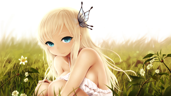 Anime picture 1366x768 with boku wa tomodachi ga sukunai kashiwazaki sena cait single long hair looking at viewer highres blue eyes blonde hair wide image bare shoulders girl hair ornament flower (flowers) sundress butterfly hair ornament