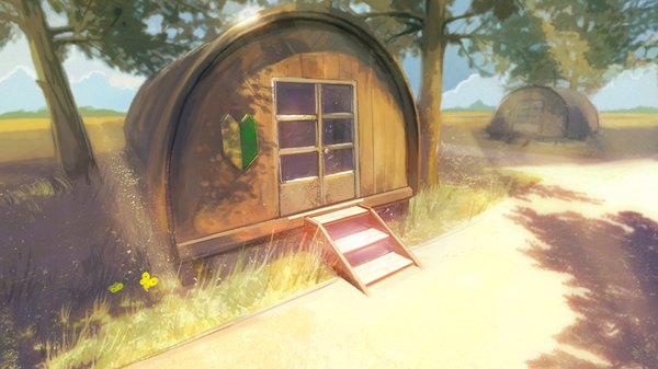 Anime picture 1920x1080 with everlasting summer iichan eroge arsenixc highres wide image game cg sunlight shadow wallpaper no people scenic camp plant (plants) tree (trees) insect building (buildings) butterfly grass door
